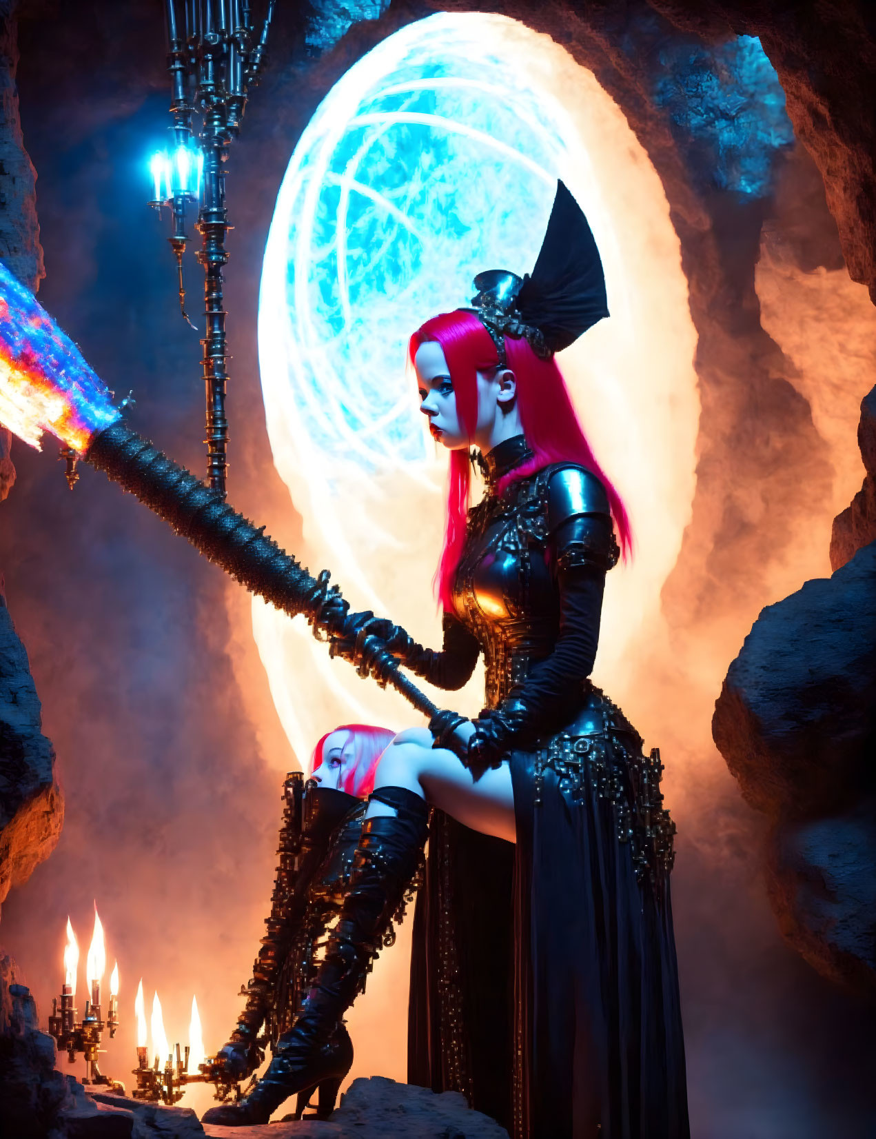 Red-haired person in gothic attire poses in mystical cave with glowing portal