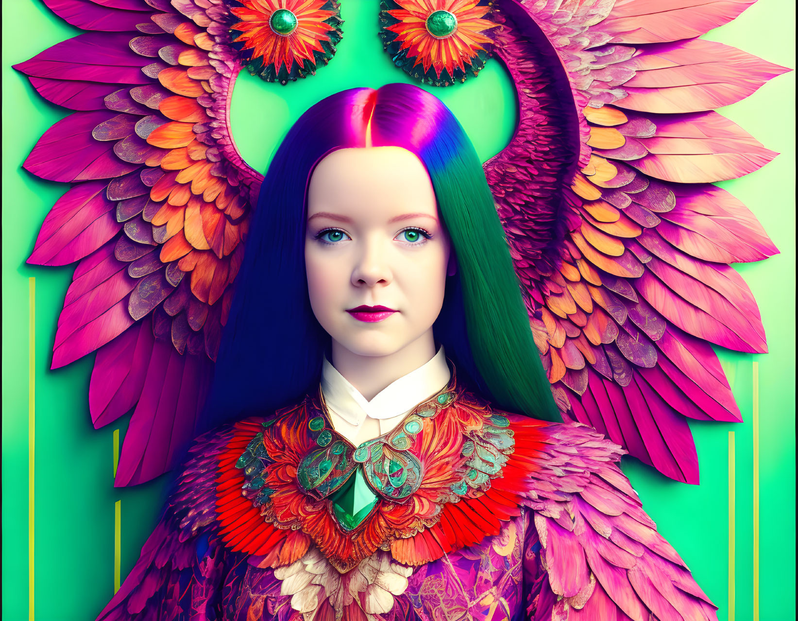 Vibrant multicolored hair and feathered wings on surreal portrait