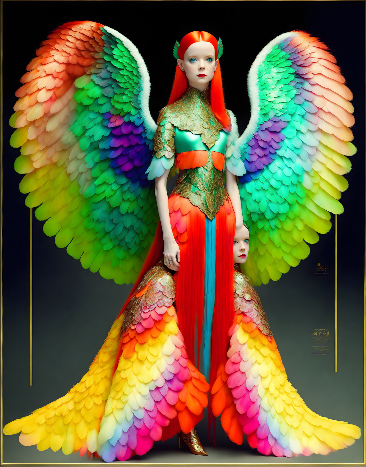 Colorful digital artwork featuring mythical figure with rainbow wings and tail in orange-green attire.