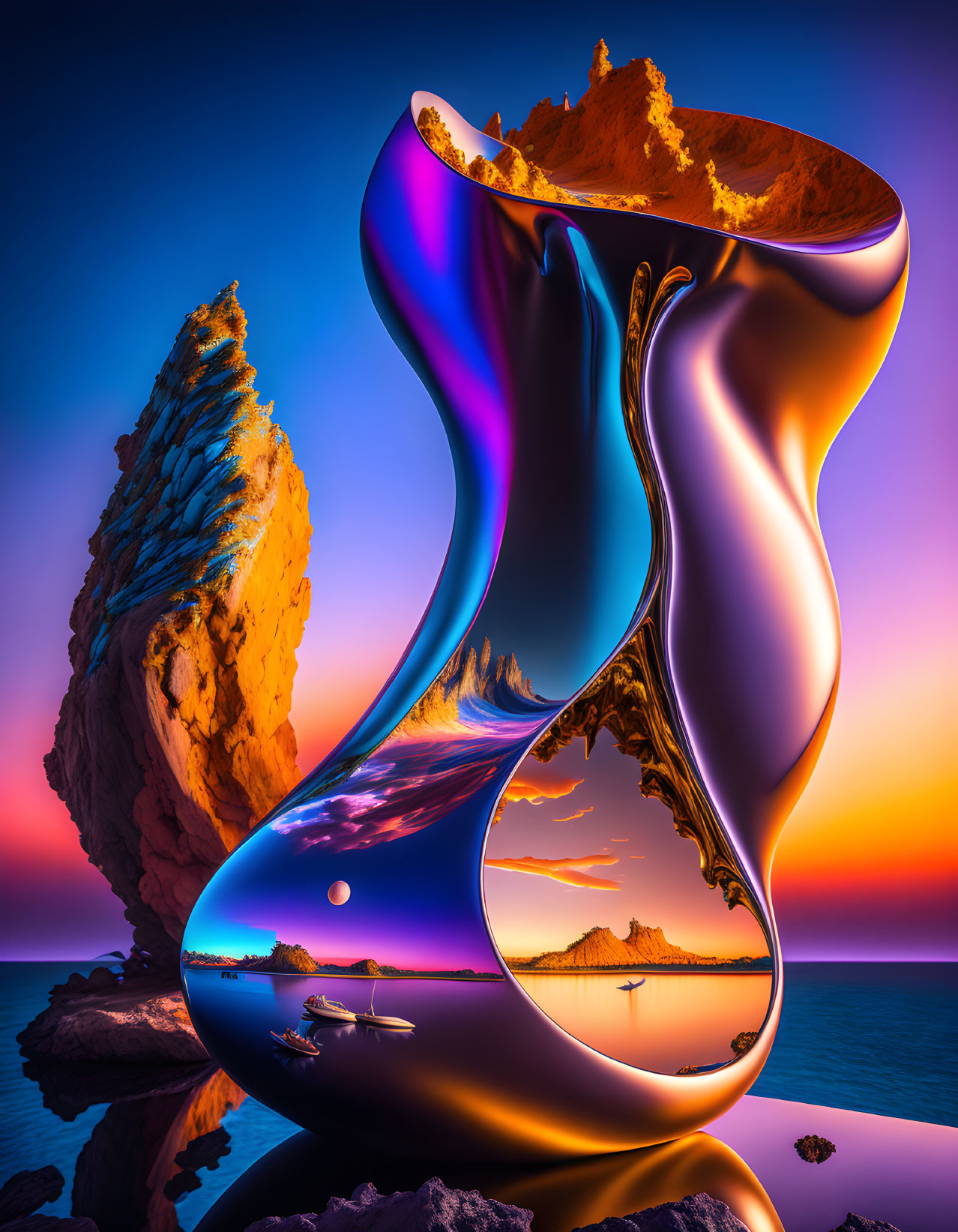 Twisted shiny object reflecting vibrant landscape with cliffs, ocean, and sunset sky