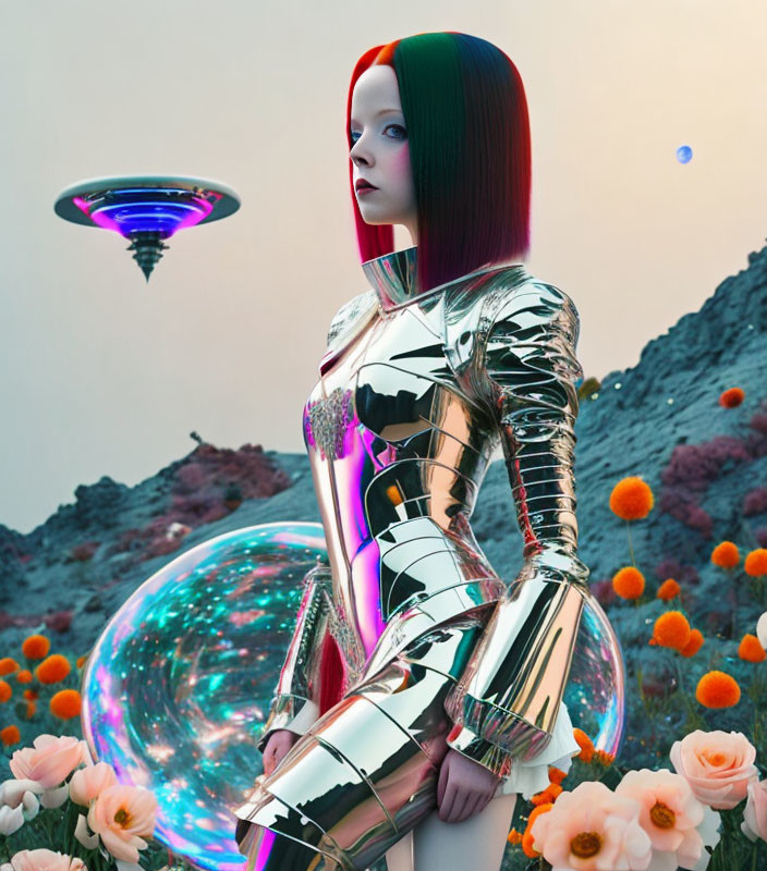 Futuristic female figure in metallic suit on alien landscape with UFO and planets