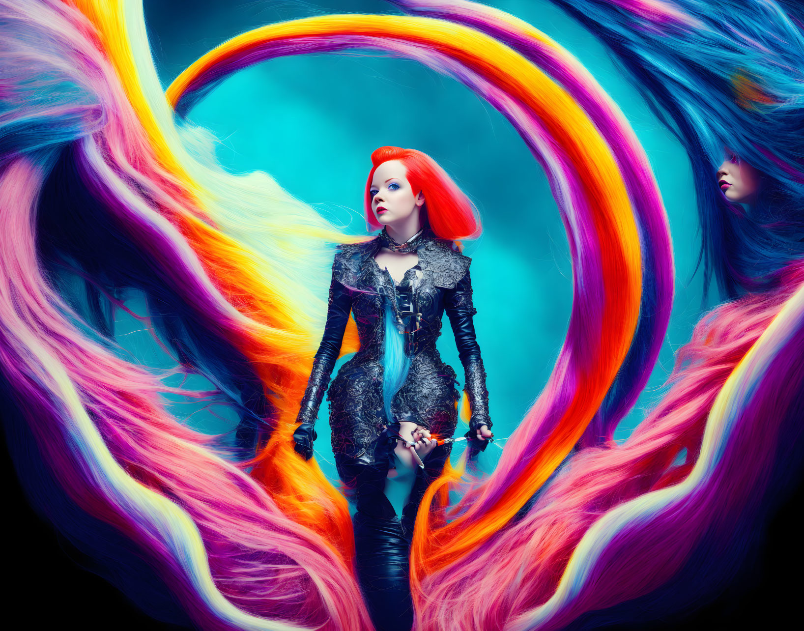 Vibrant red-haired woman in gothic attire amidst colorful swirls on blue backdrop