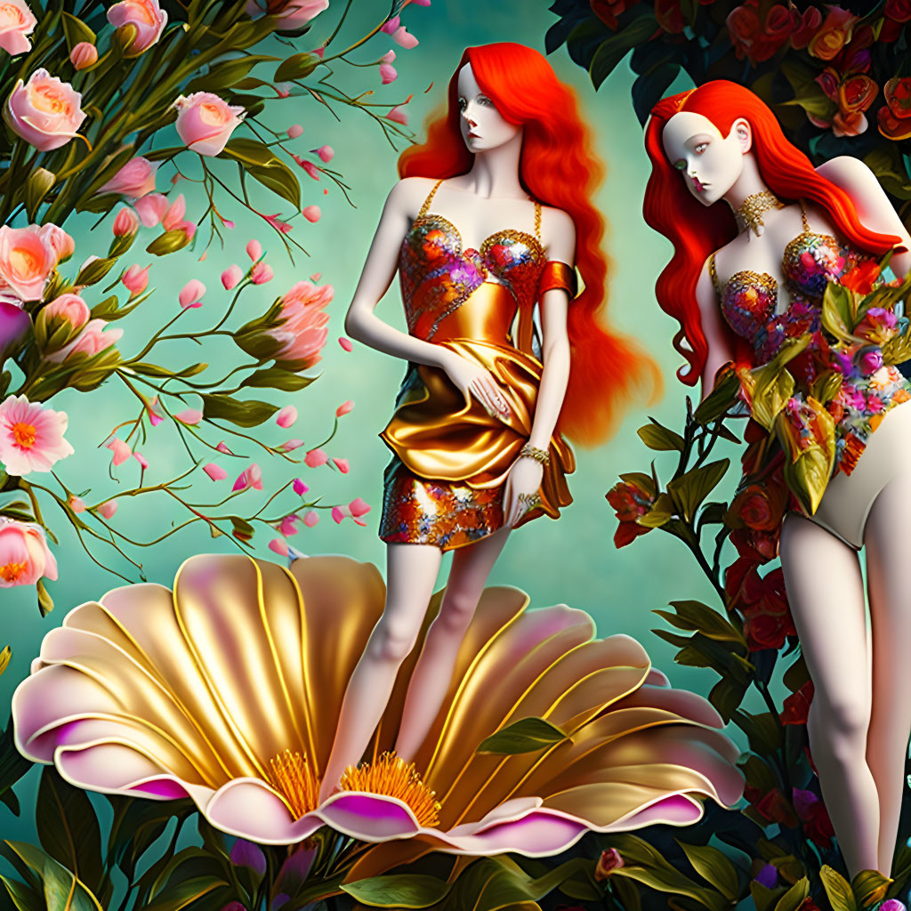 Two red-haired female figures in ornate dresses with blooming flowers and a large pink shell on teal