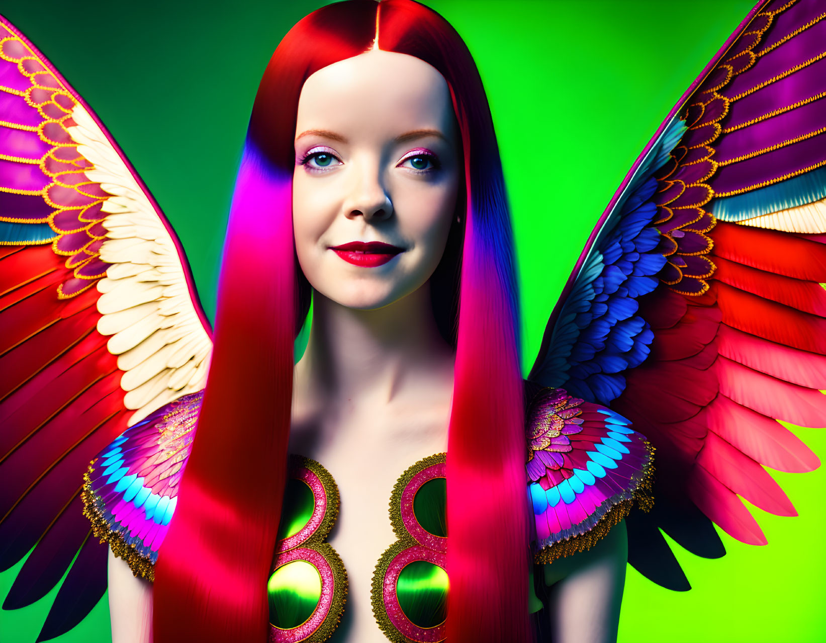 Colorful digital artwork: Woman with vibrant hair, peacock-inspired shoulders, and wing motifs on green