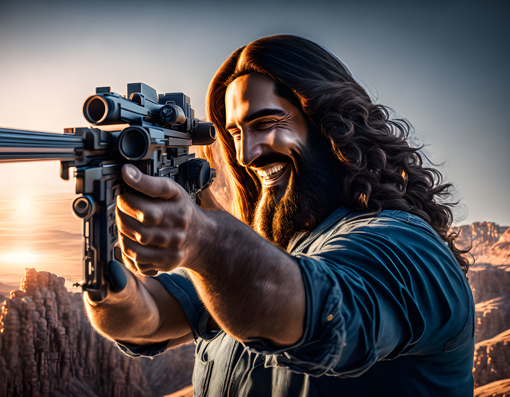 Bearded man with scoped rifle in rugged sunset landscape