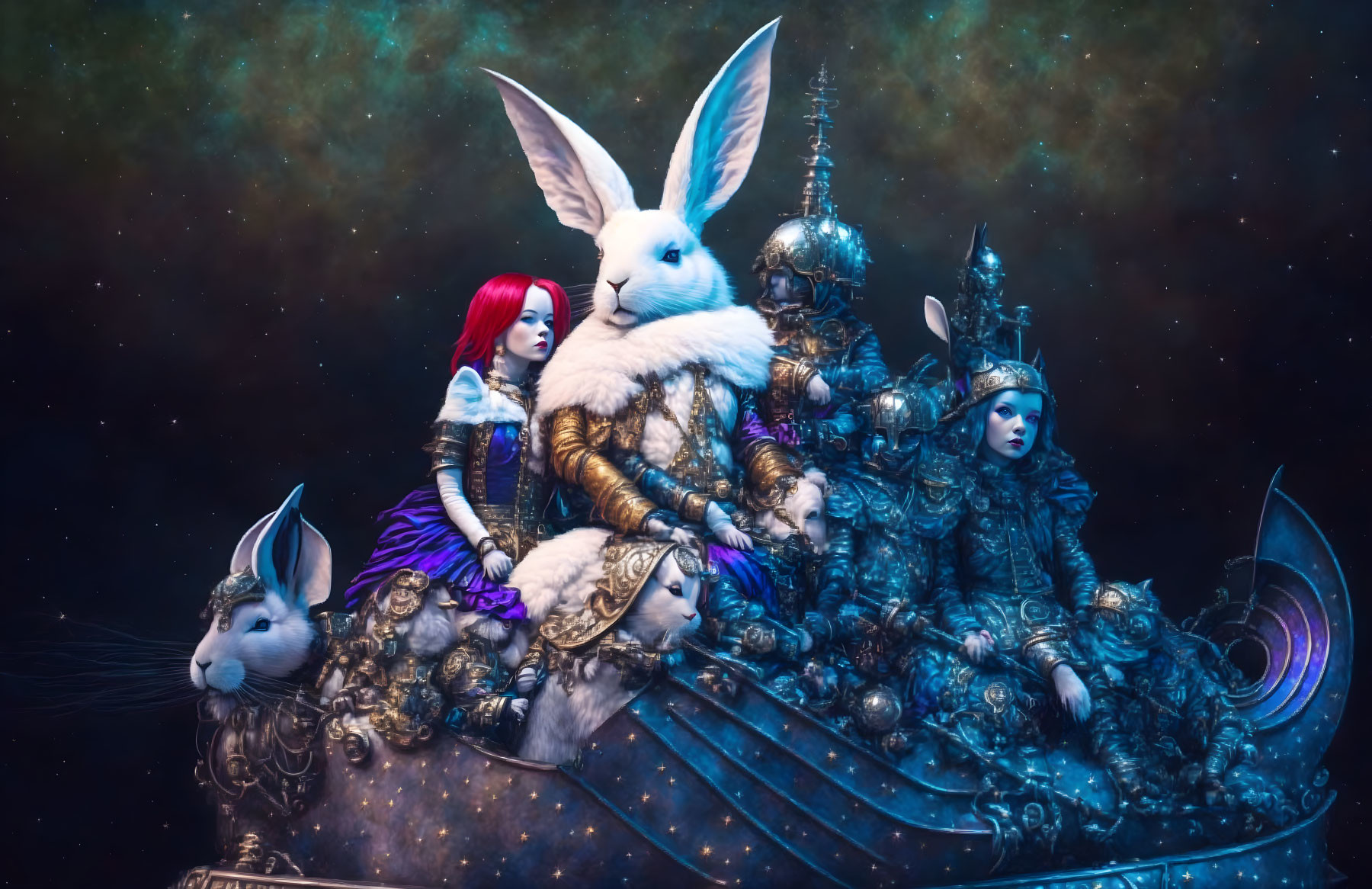 Fantasy Galactic Scene: Red-Haired Woman, Giant Rabbit Warrior, and Ornate Armor Figure on