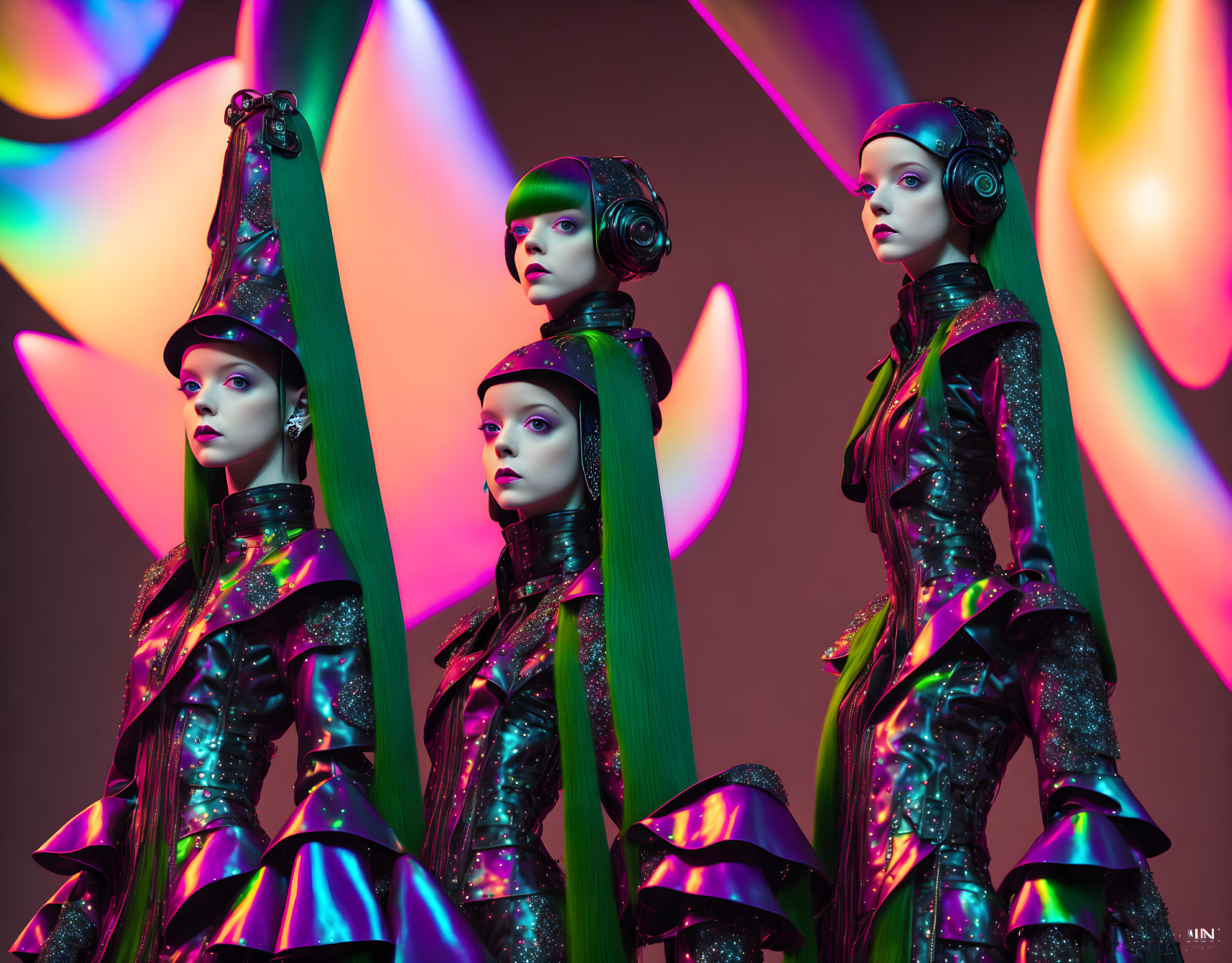 Four futuristic-styled models in colorful sci-fi outfits against dynamic backdrop