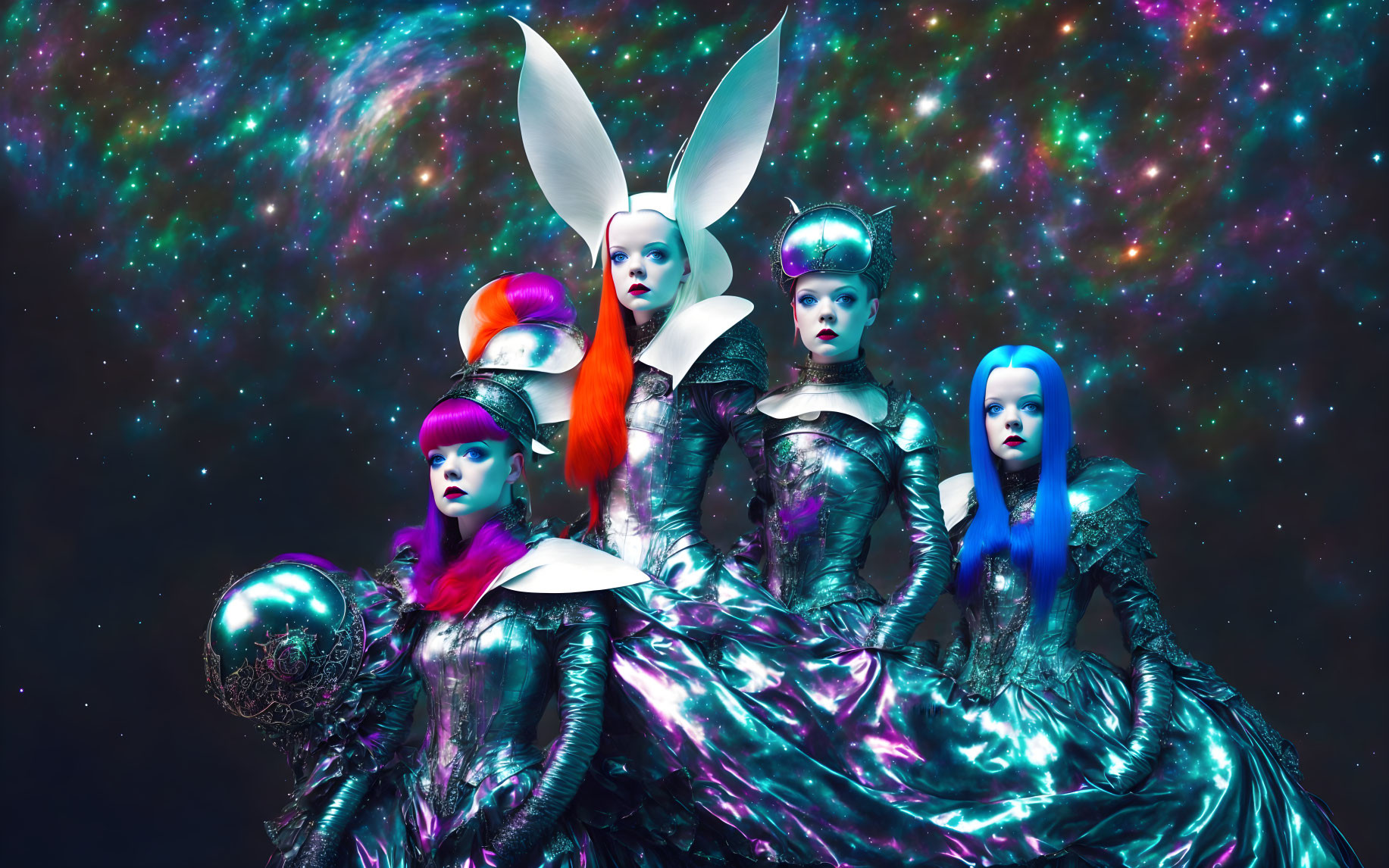 Four models in metallic dresses with bold makeup and headpieces on galaxy backdrop