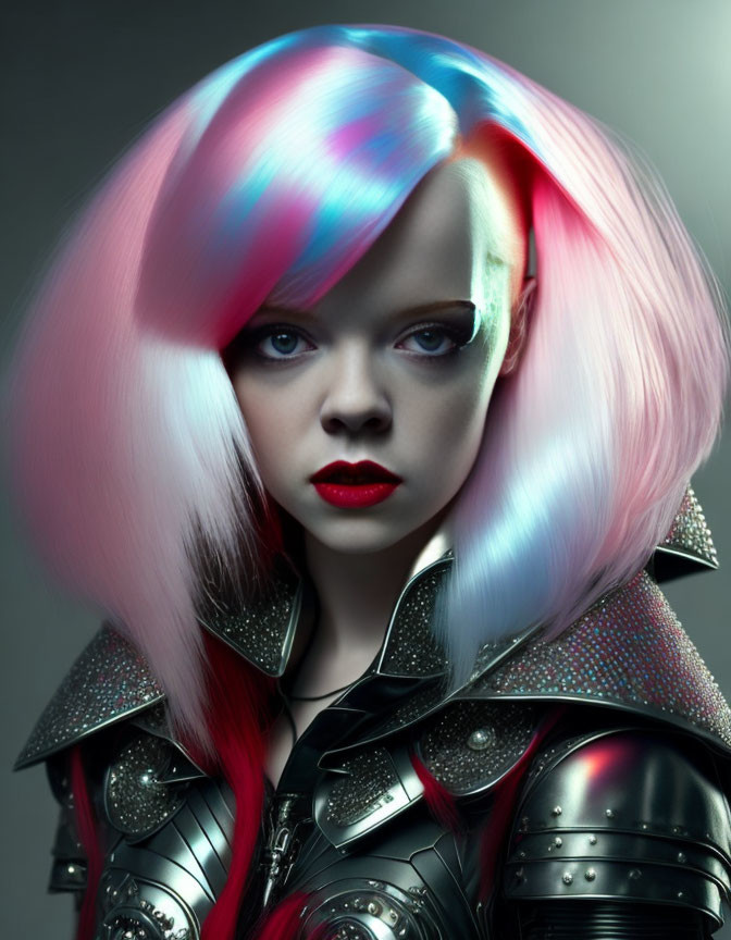 Woman with blue eyes and ombre hair in futuristic metallic armor under moody lighting