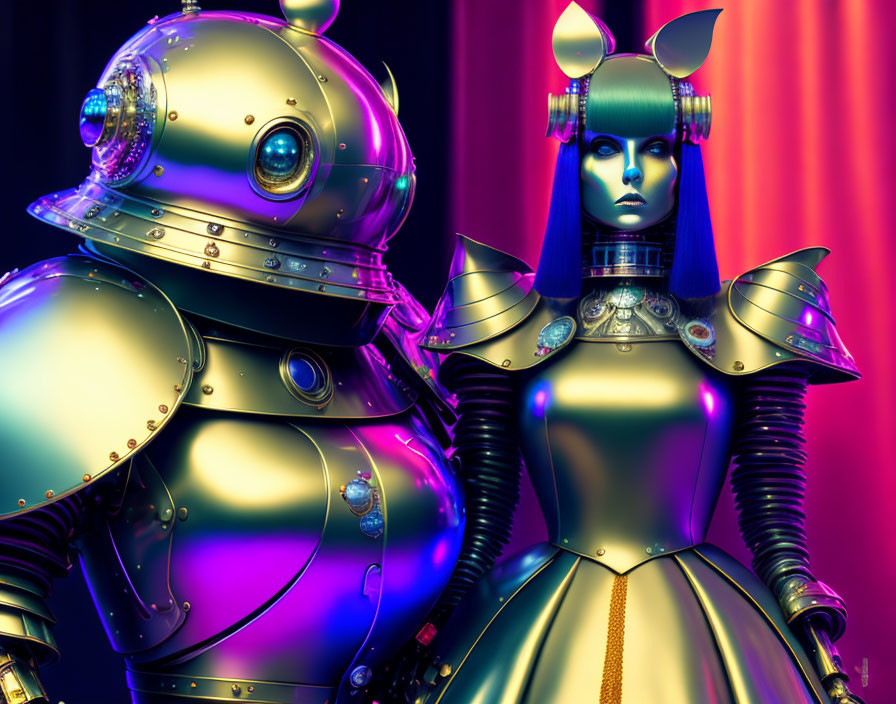 Futuristic robots: spherical body, dome head, humanoid blue skin, stylized hair, purple