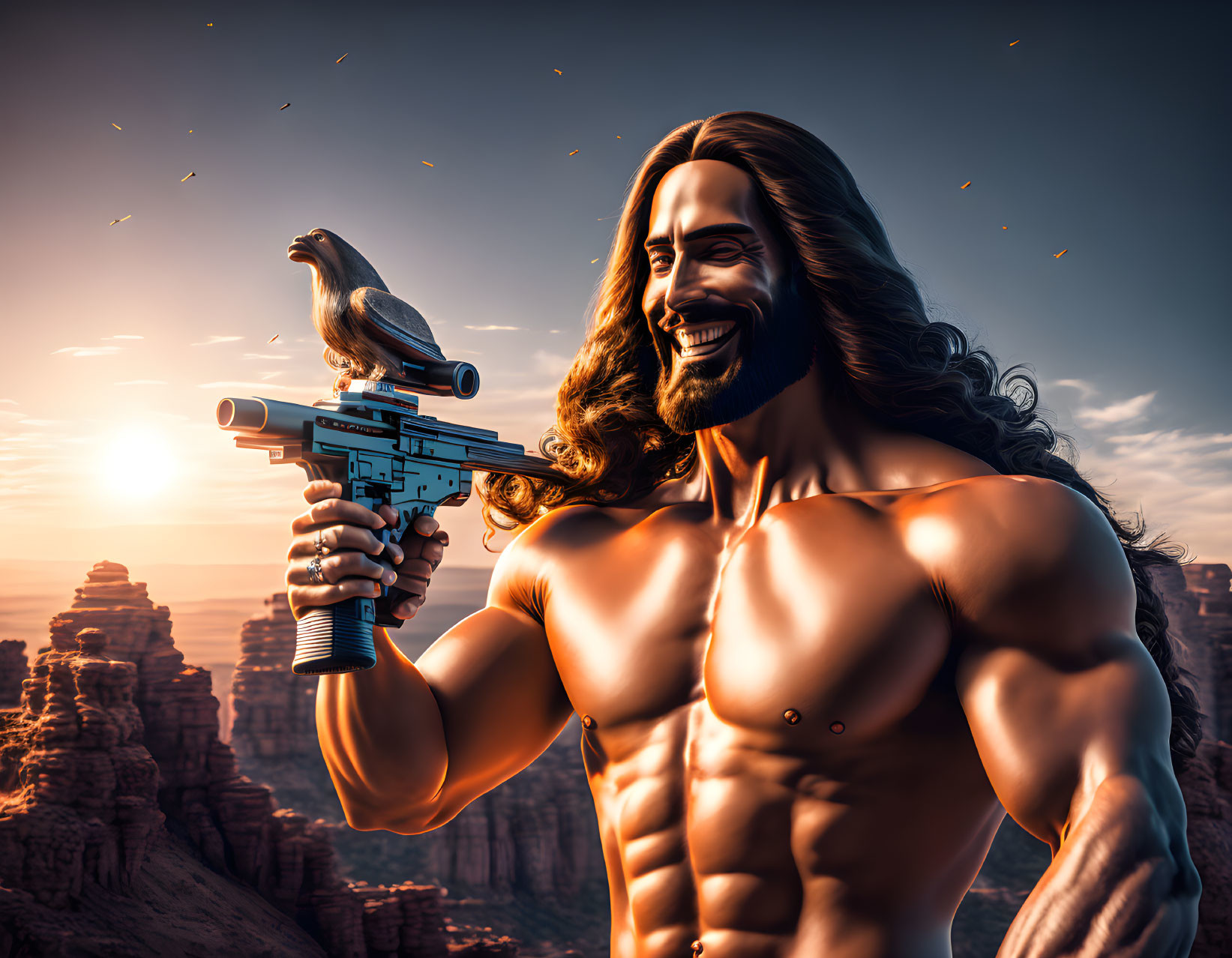 Muscular man with long hair holding futuristic gun with bird in canyon sunset scene