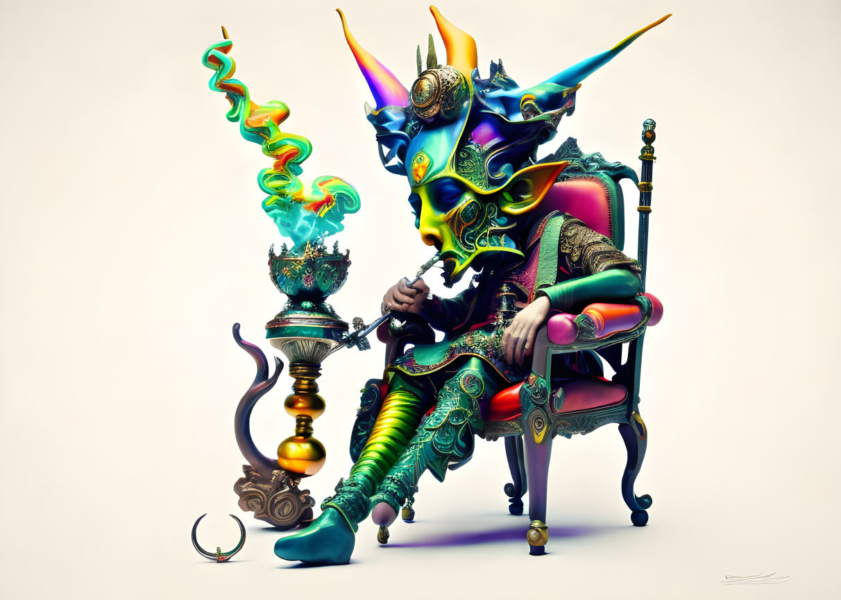 Fantastical humanoid creature in golden armor on regal chair with smoking vessel