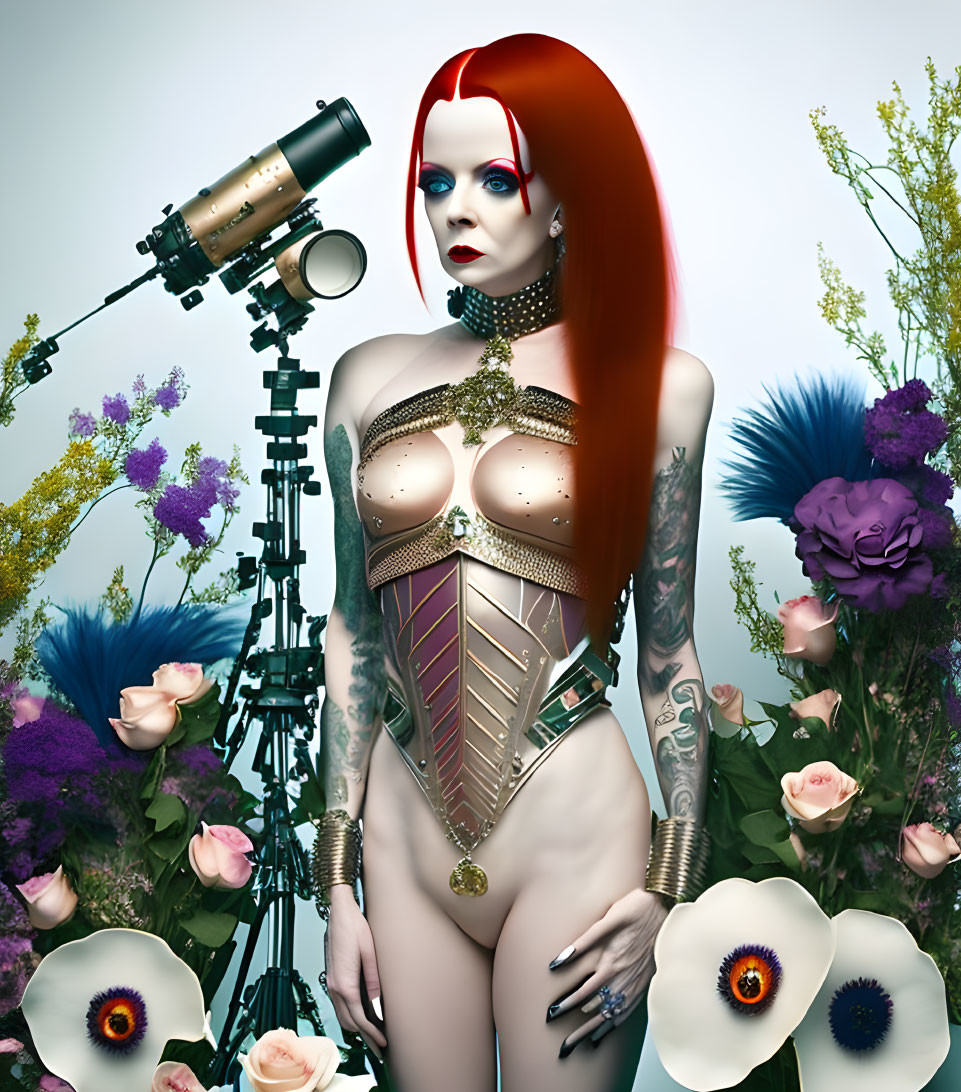 Portrait of a person with red hair, elaborate makeup, metallic corset,  flowers, and telescope. | Deep Dream Generator