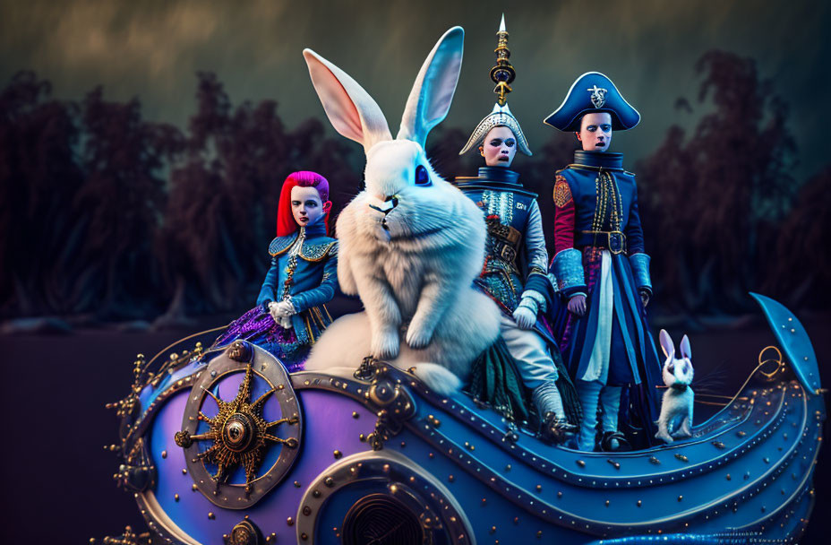 Giant white rabbit driving fantasy ship with doll-like passengers in surreal portrait
