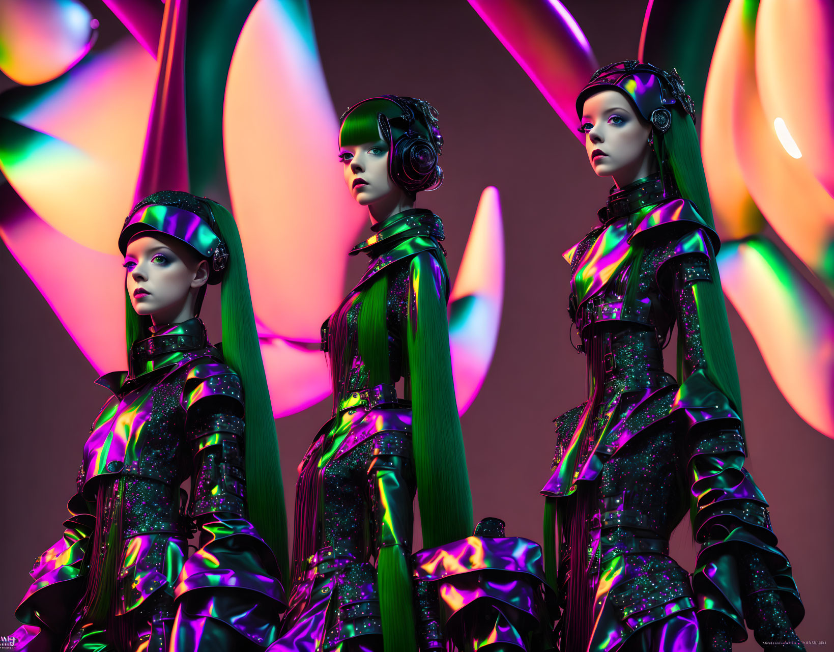 Three futuristic female figures in iridescent outfits with headsets against abstract background.