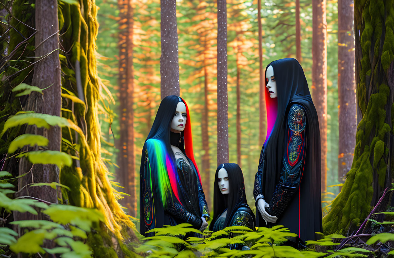 Three People in Stylish Makeup and Colorful Robes in Lush Forest