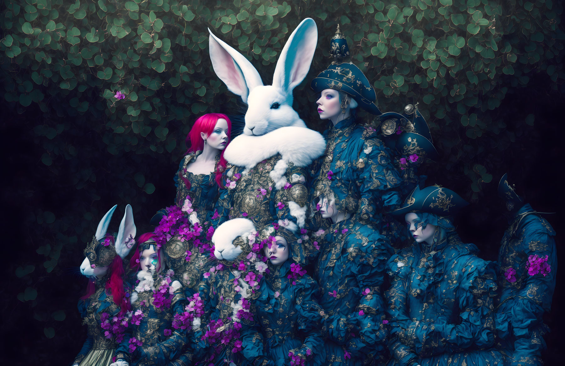 Group in Blue and Gold Rabbit Costumes Surrounded by Green Foliage