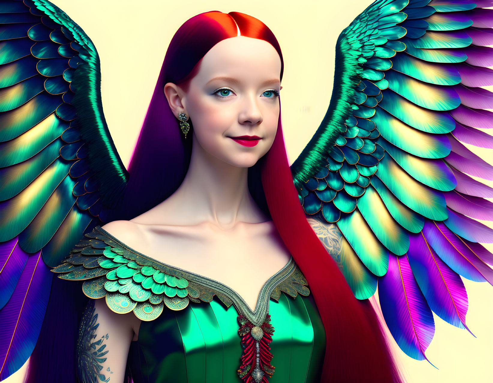 Vibrant digital artwork: Woman with red hair, multicolored wings, green dress