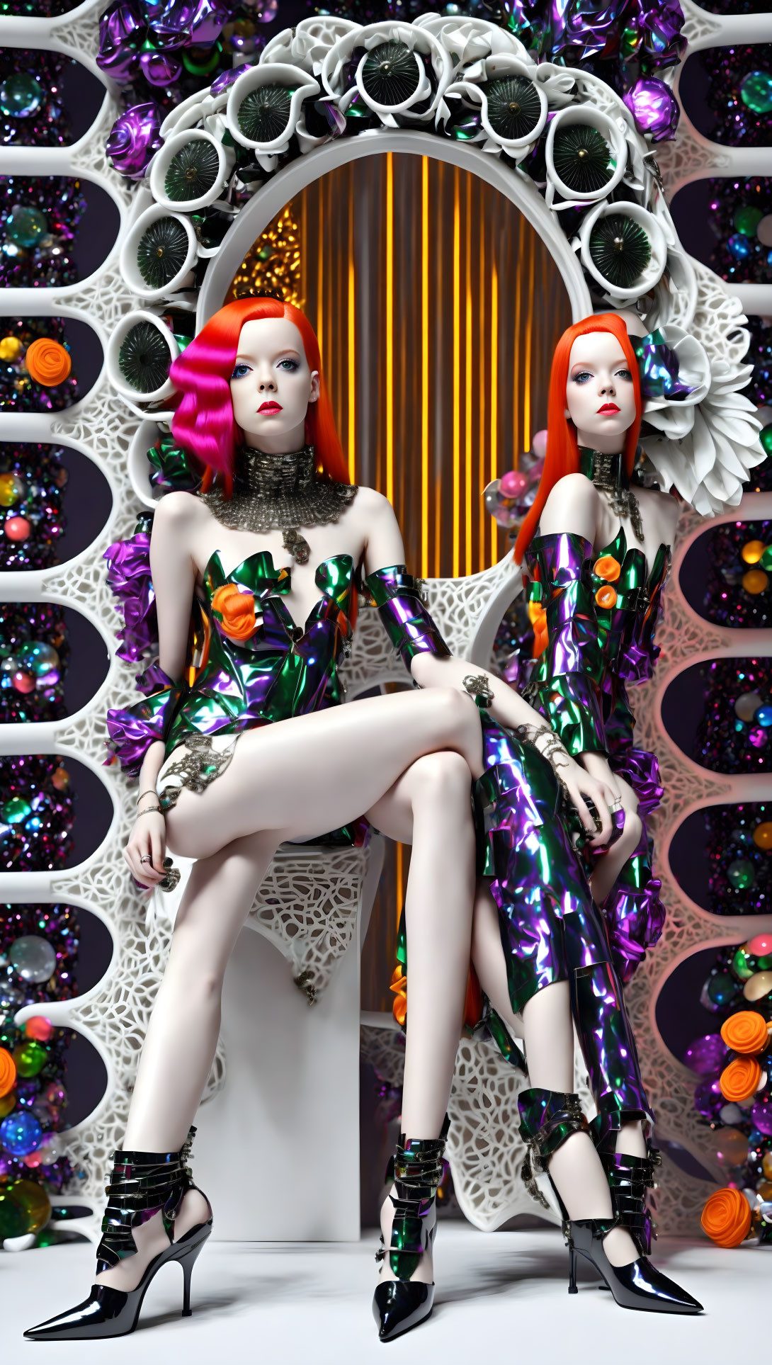 Mannequins with Red and Purple Futuristic Hair in Glossy Dresses