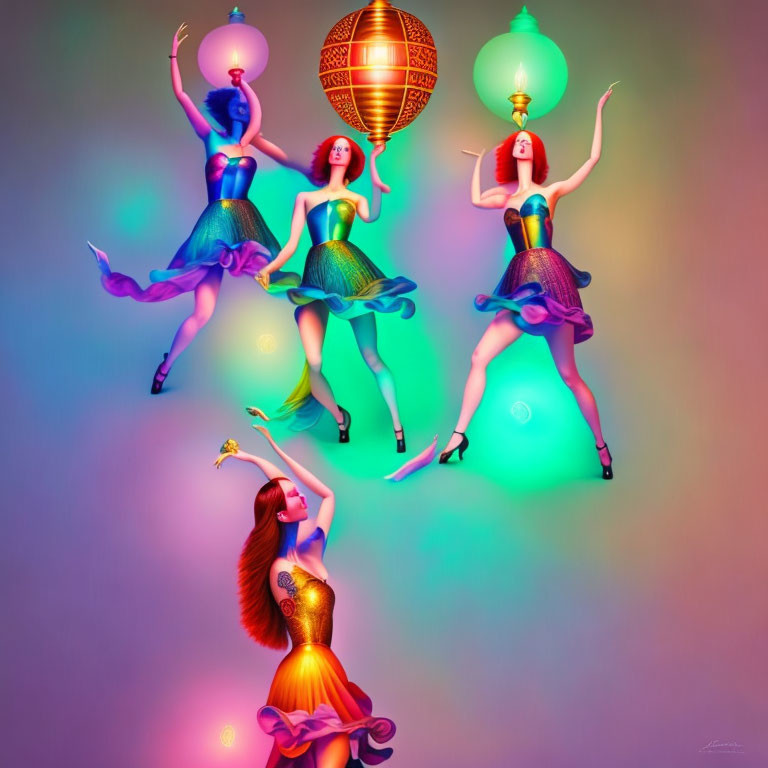 Four women in colorful dresses and heels pose with lanterns on their heads against a vibrant backdrop