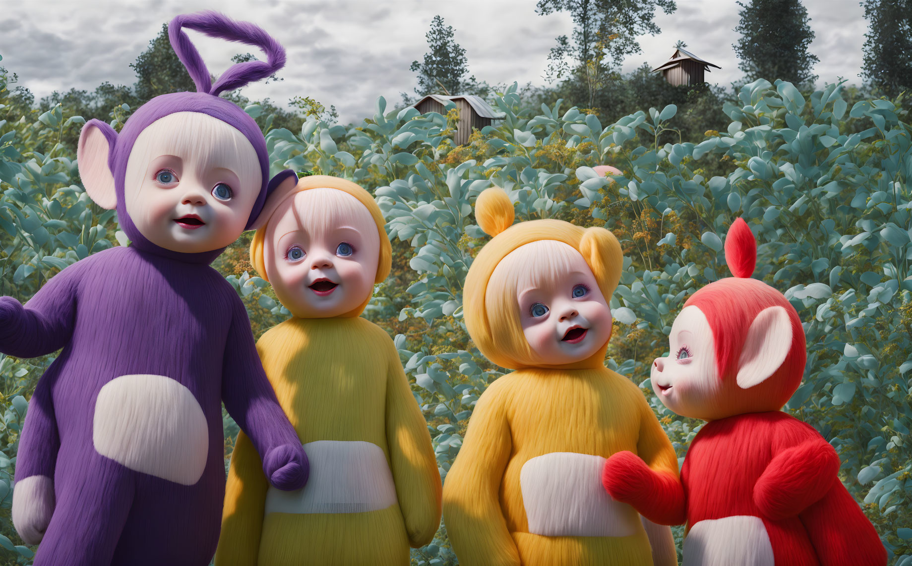 Four colorful Teletubbies in a garden with houses and trees.