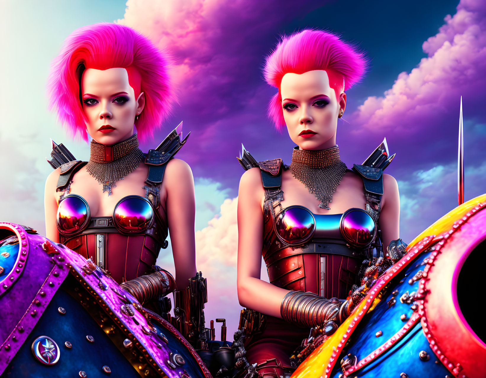 Futuristic female warriors in pink mohawks, metallic armor, and weapons