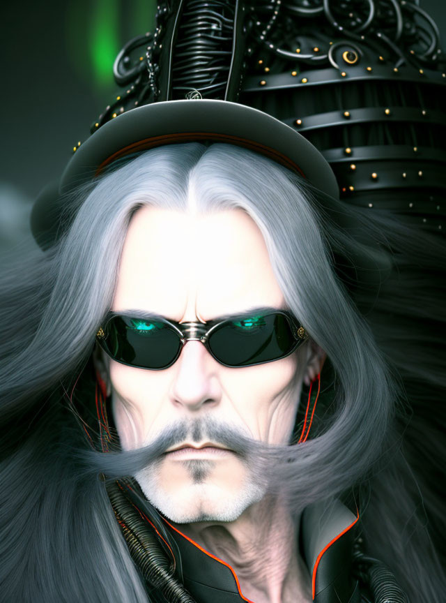 Digital character with white hair, mustache, sunglasses, and futuristic headgear