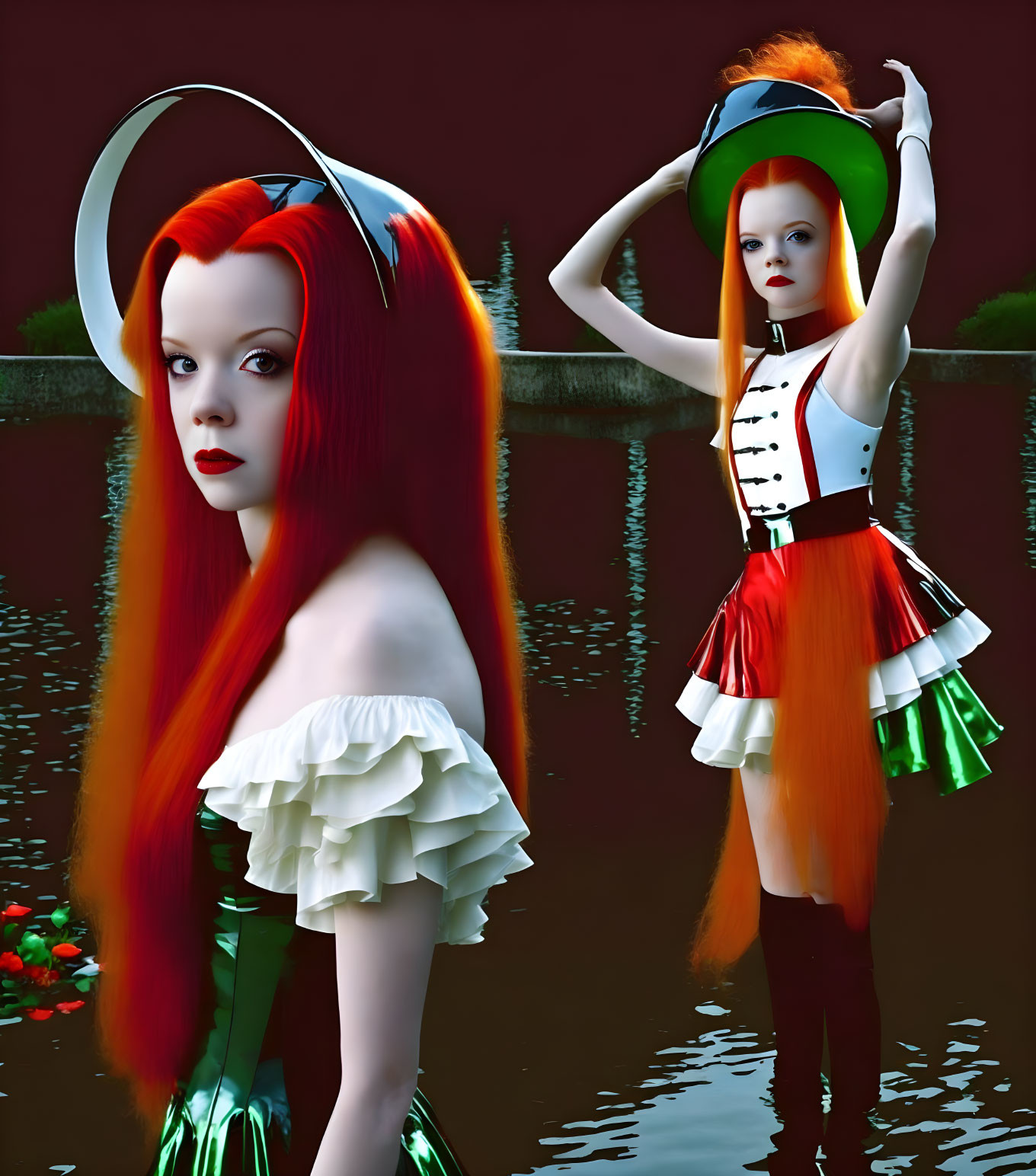 Two women with vibrant red hair in stylized dresses standing in water at dusk