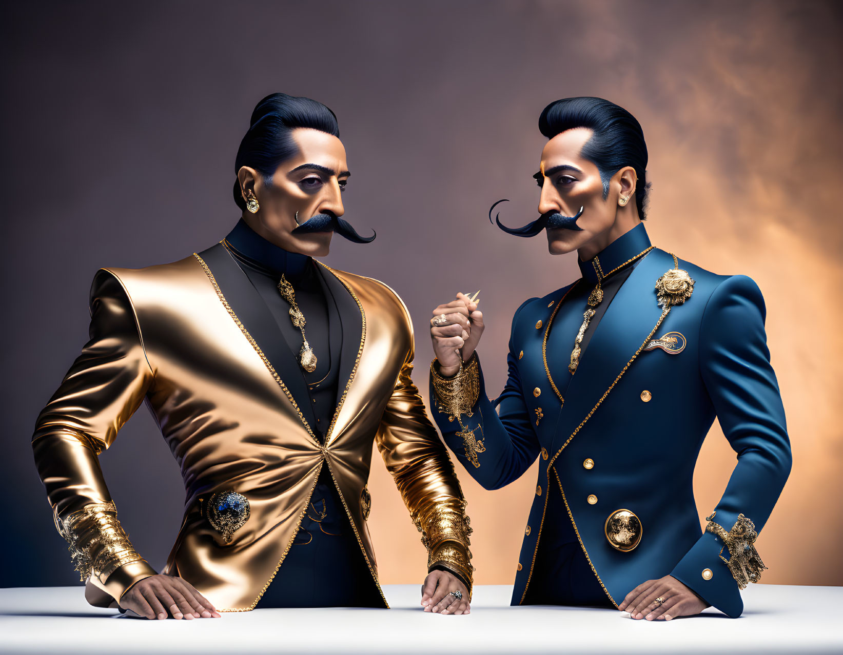 Stylized men with exaggerated mustaches in ornate military jackets face off.