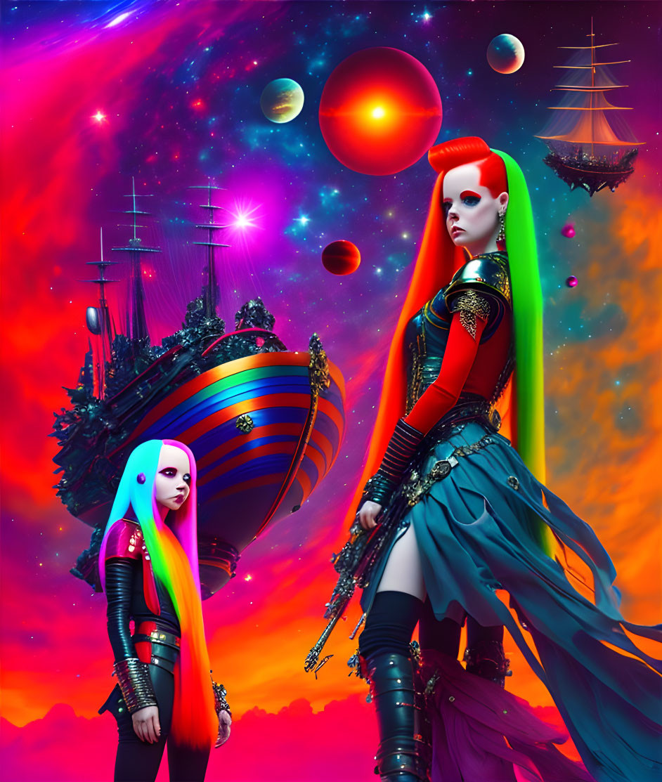 Vibrant multicolored hair on stylized women in surreal cosmic scene