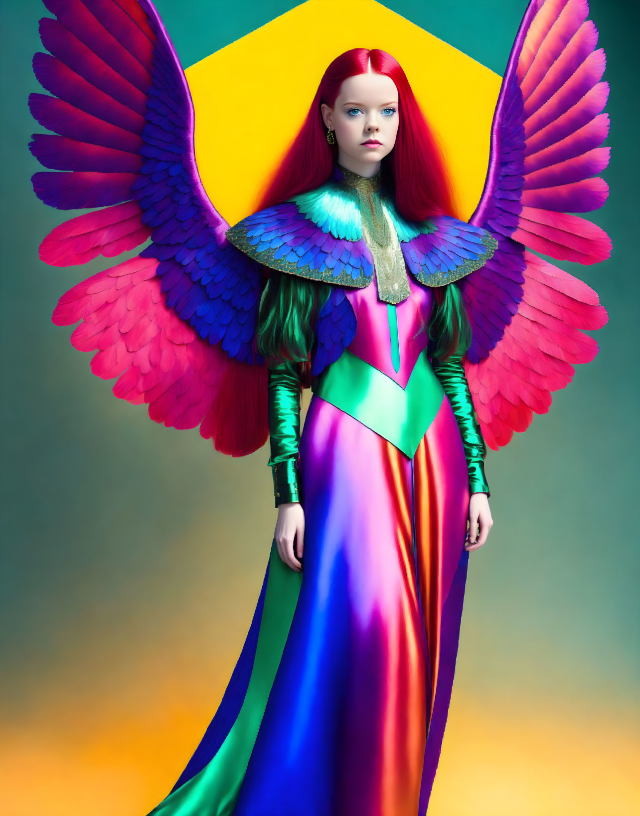 Red-Haired Person in Colorful Costume with Bird Wings on Gradient Background