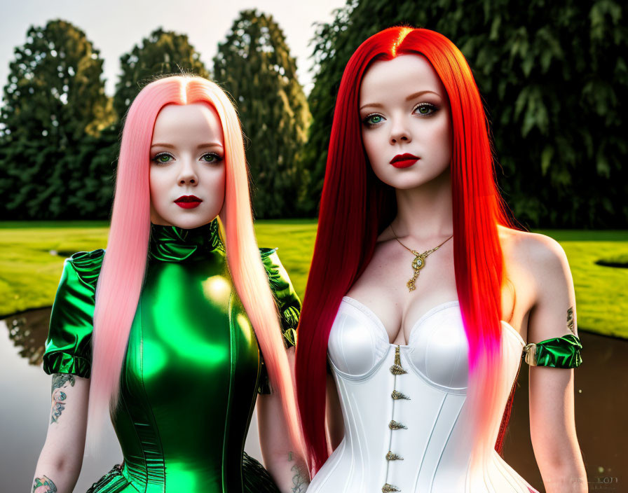 Two Women with Pink and Red Hair in Green and White Corset Dresses