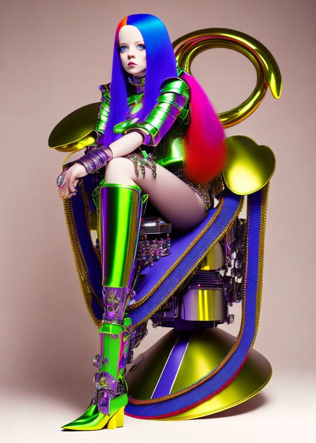 Colorful futuristic character with purple hair on abstract throne.