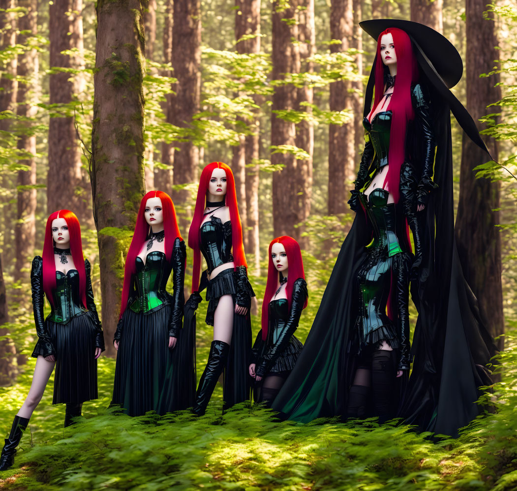 Five Women in Gothic Outfits with Red Hair in Forest