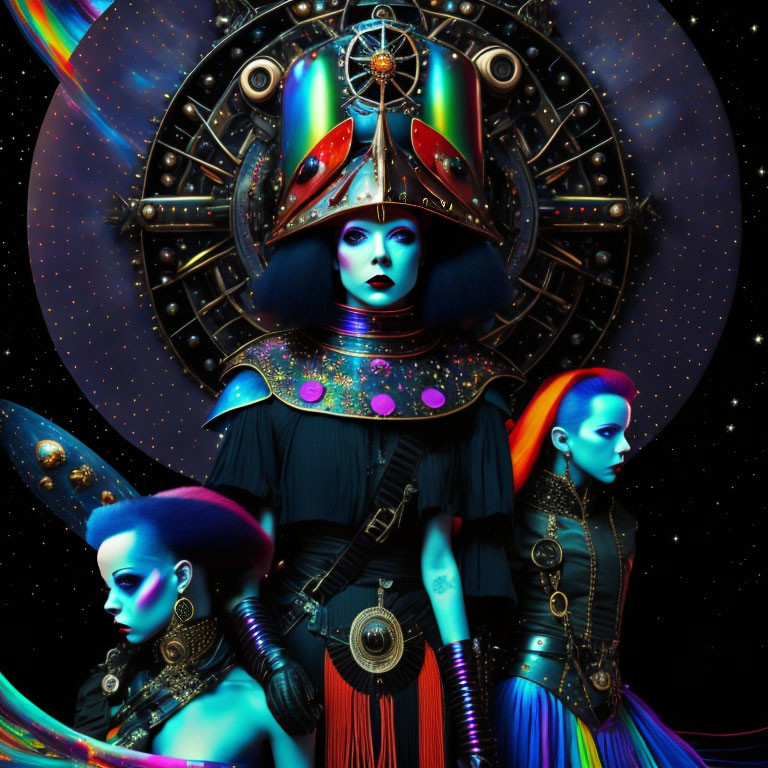 Three cyberpunk females with vibrant hair and elaborate headdresses in cosmic setting