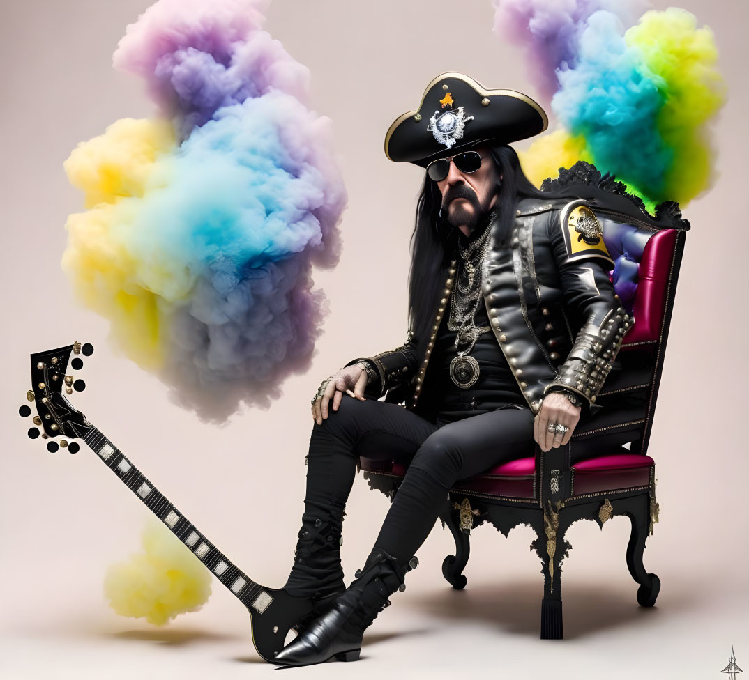 Pirate-themed cosplay with guitar in colorful smoke clouds