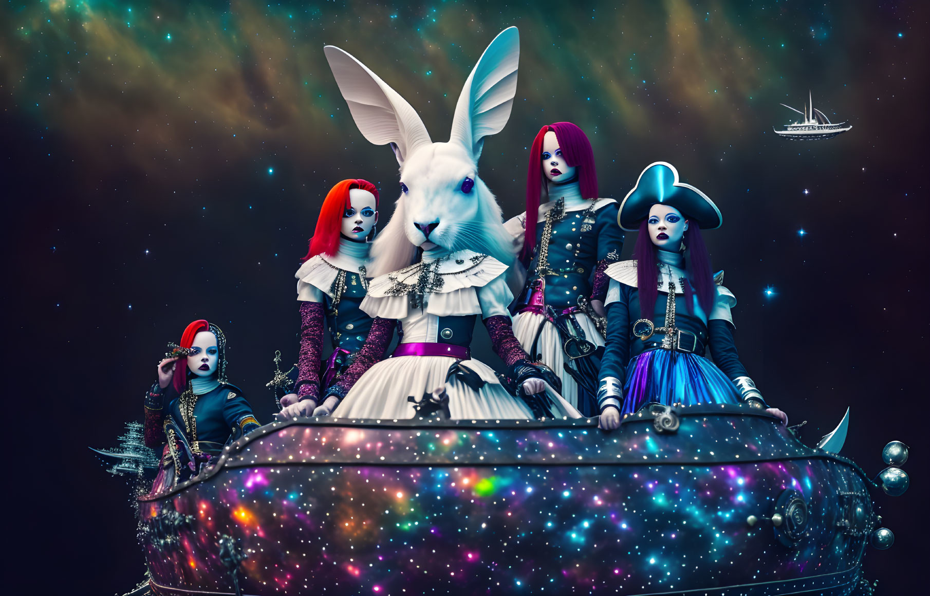 Surreal cosmic scene with individuals in elaborate costumes