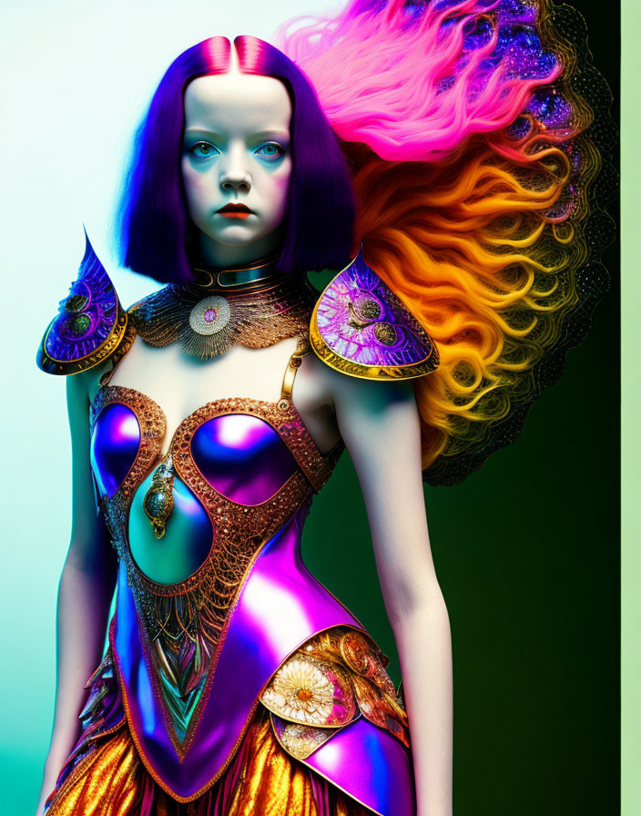 Blue-skinned woman in purple & gold fantasy armor
