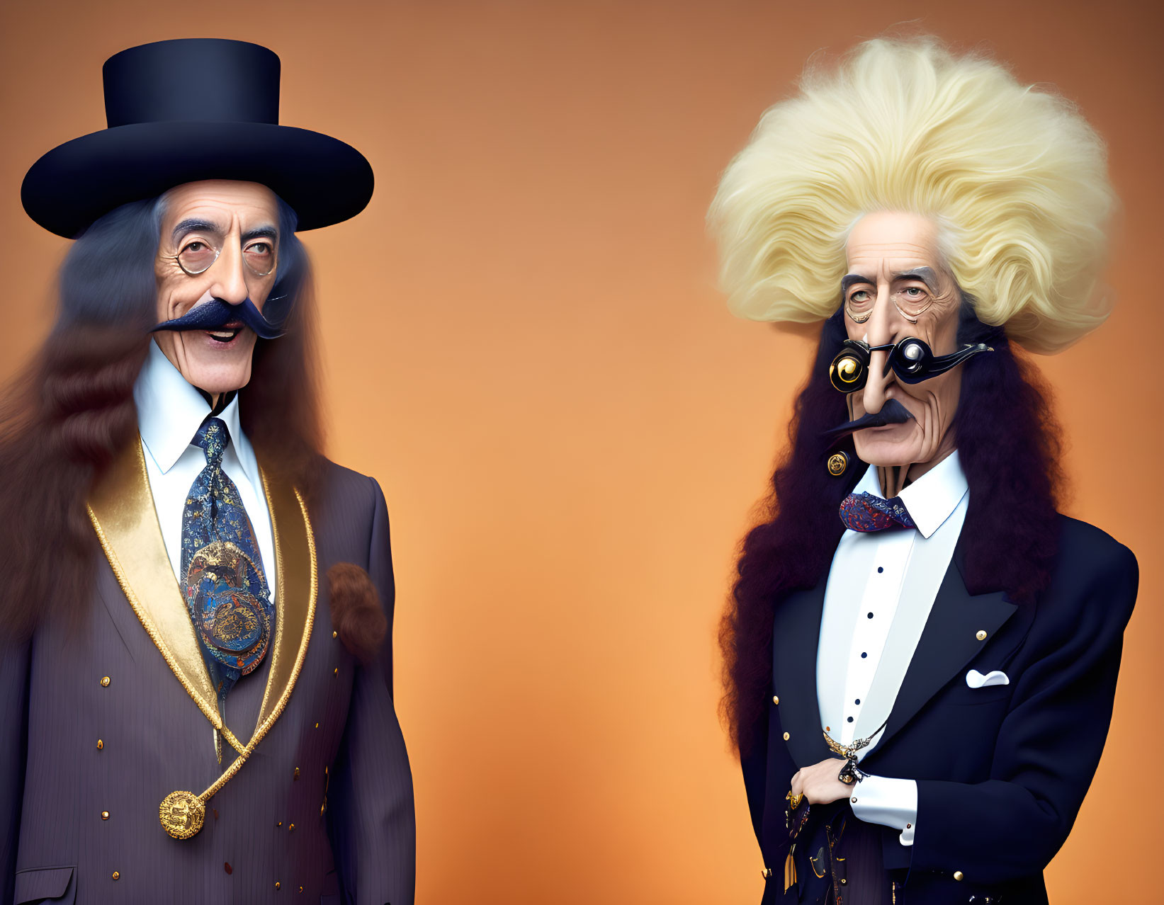 Stylized caricature figures with top hats and monocles on orange background