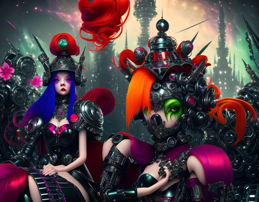 Futuristic female characters in vibrant cybernetic armor pose in neon-lit cityscape