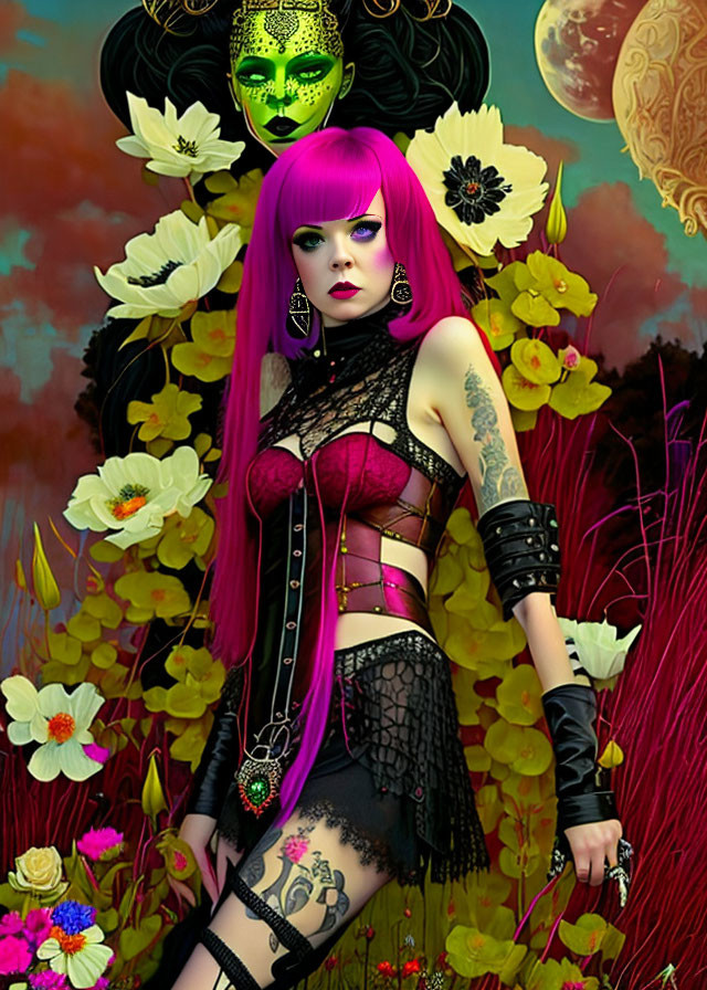 Vibrant digital art: woman with pink hair, gothic outfit, flowers, and floating green