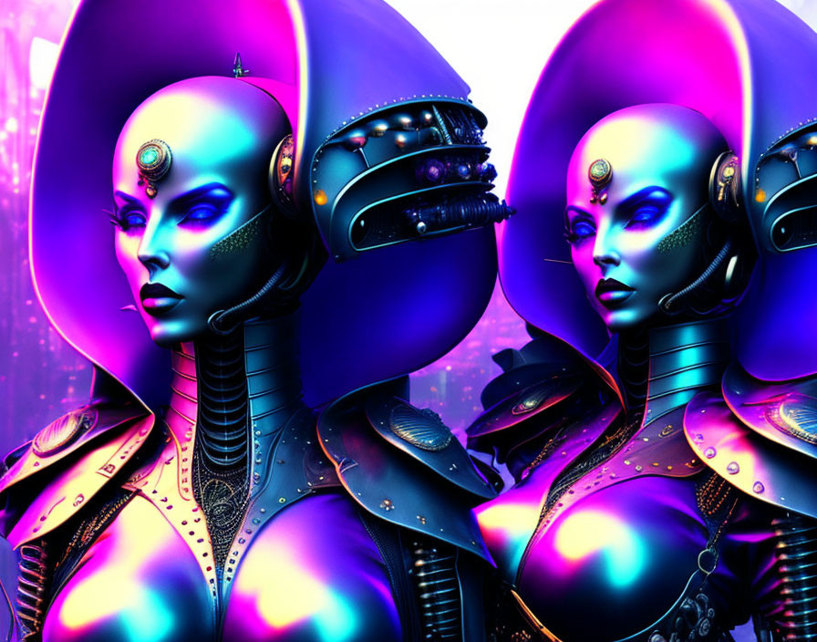 Detailed futuristic female androids with metallic blue skin and intricate armor in neon-lit cyberpunk cityscape