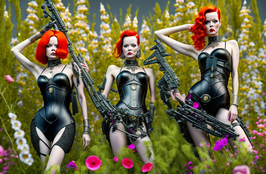 Three women with red hair in futuristic black outfits holding rifles in front of a colorful floral backdrop