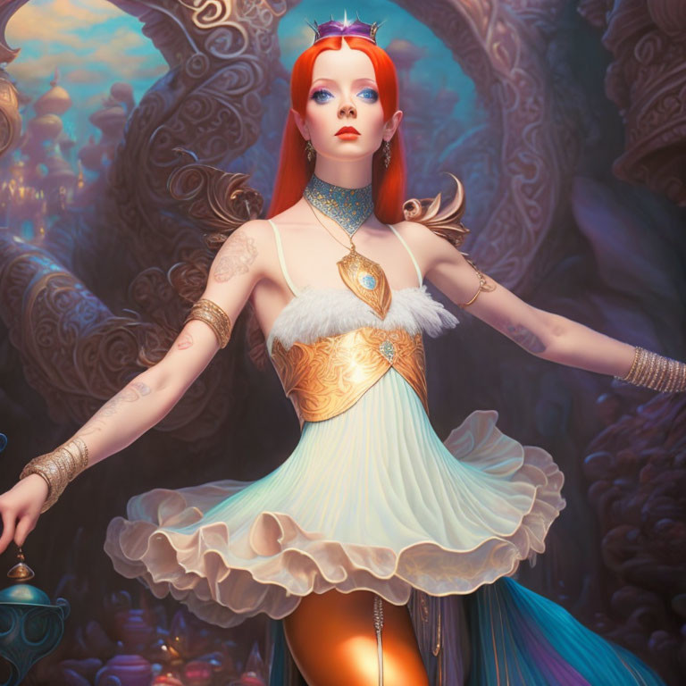 Red-haired female in turquoise dress with gold accents in mystical setting