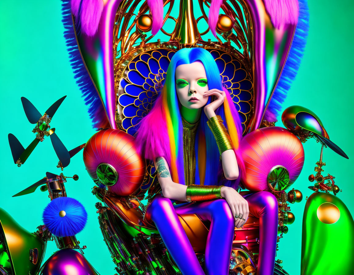 Colorful digital artwork: Blue-haired character on futuristic throne surrounded by whimsical machinery.