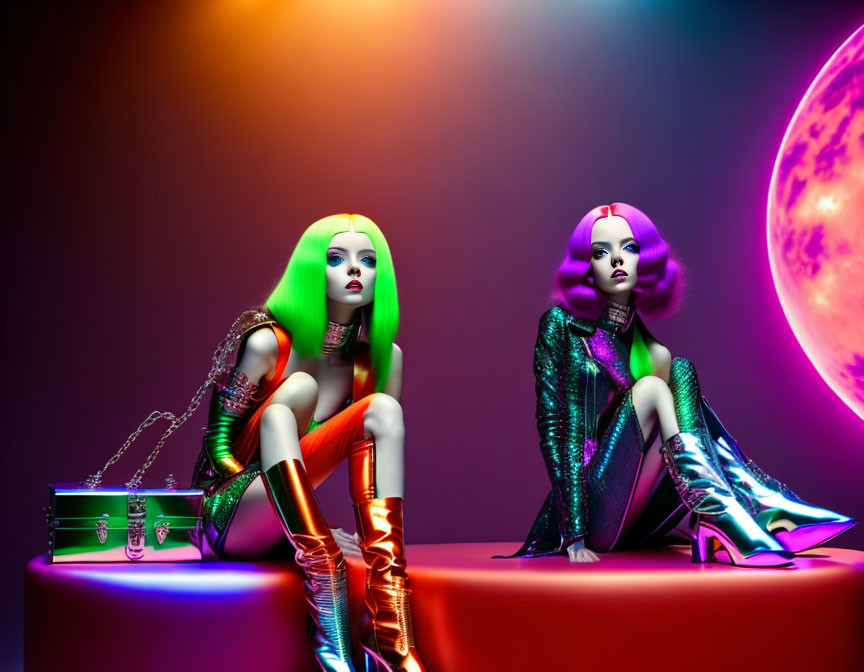 Edgy mannequins with colorful hair in futuristic outfits on purple backdrop