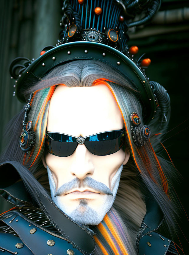 Character with Gray Hair in Steampunk Hat & Sunglasses