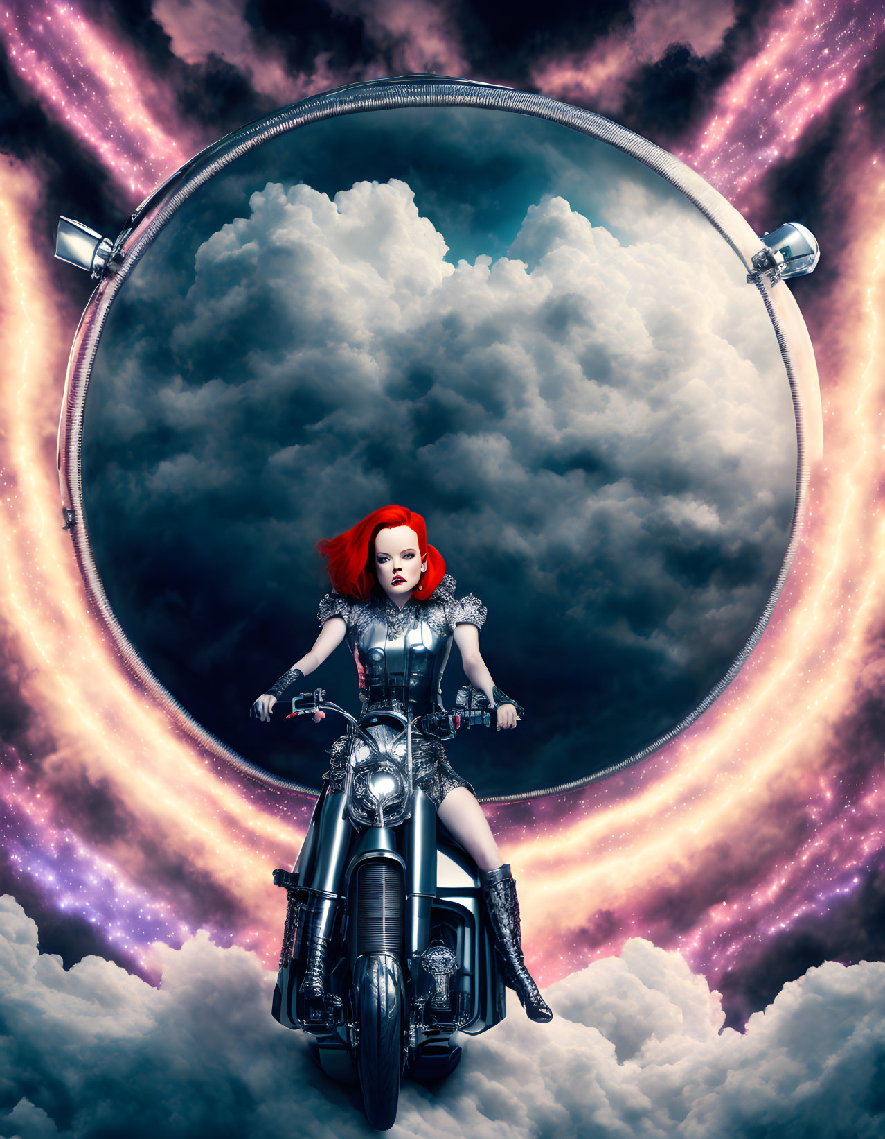 Vibrant red-haired woman on motorcycle in cosmic portal
