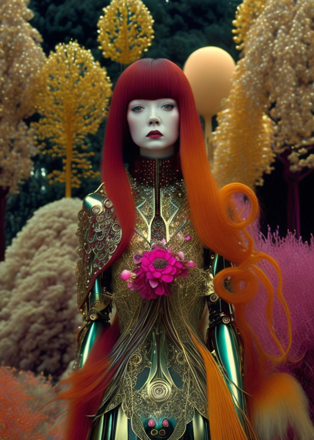 Stylized portrait: Woman with red hair in gold armor, golden foliage background