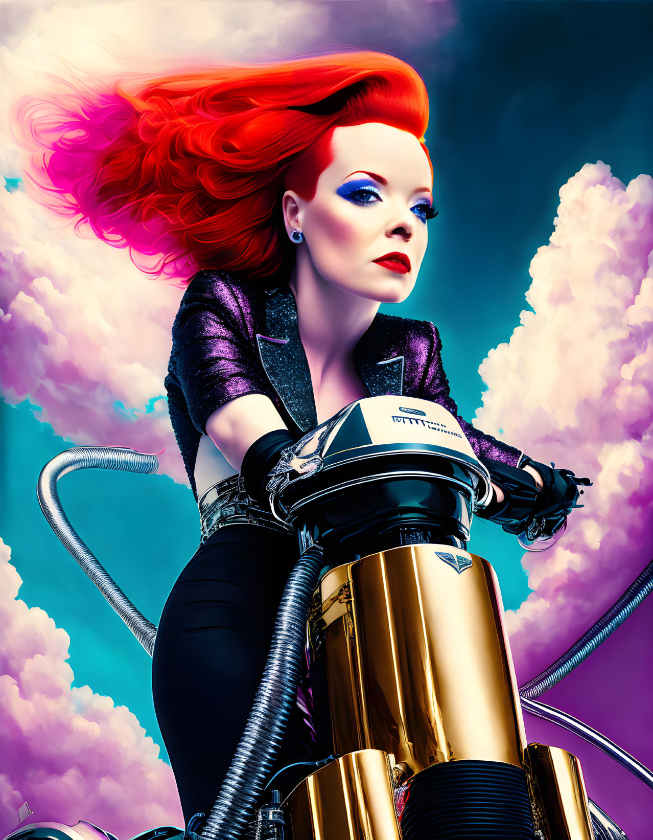 Vibrant red-haired woman on metallic motorcycle under dramatic clouds